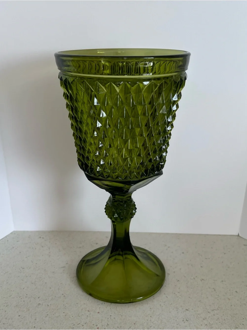 Indiana Glass Diamond Point Green Compote Pedestal Vase /Planter 11” Mid Century